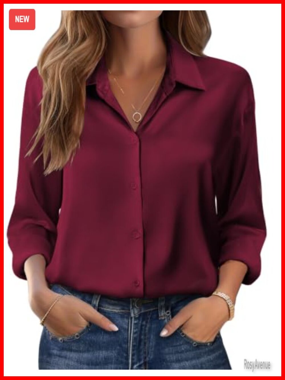 Women's Satin Button Down Blouse Long Sleeve V-Neck Loose Fit Tunic Office Shirt